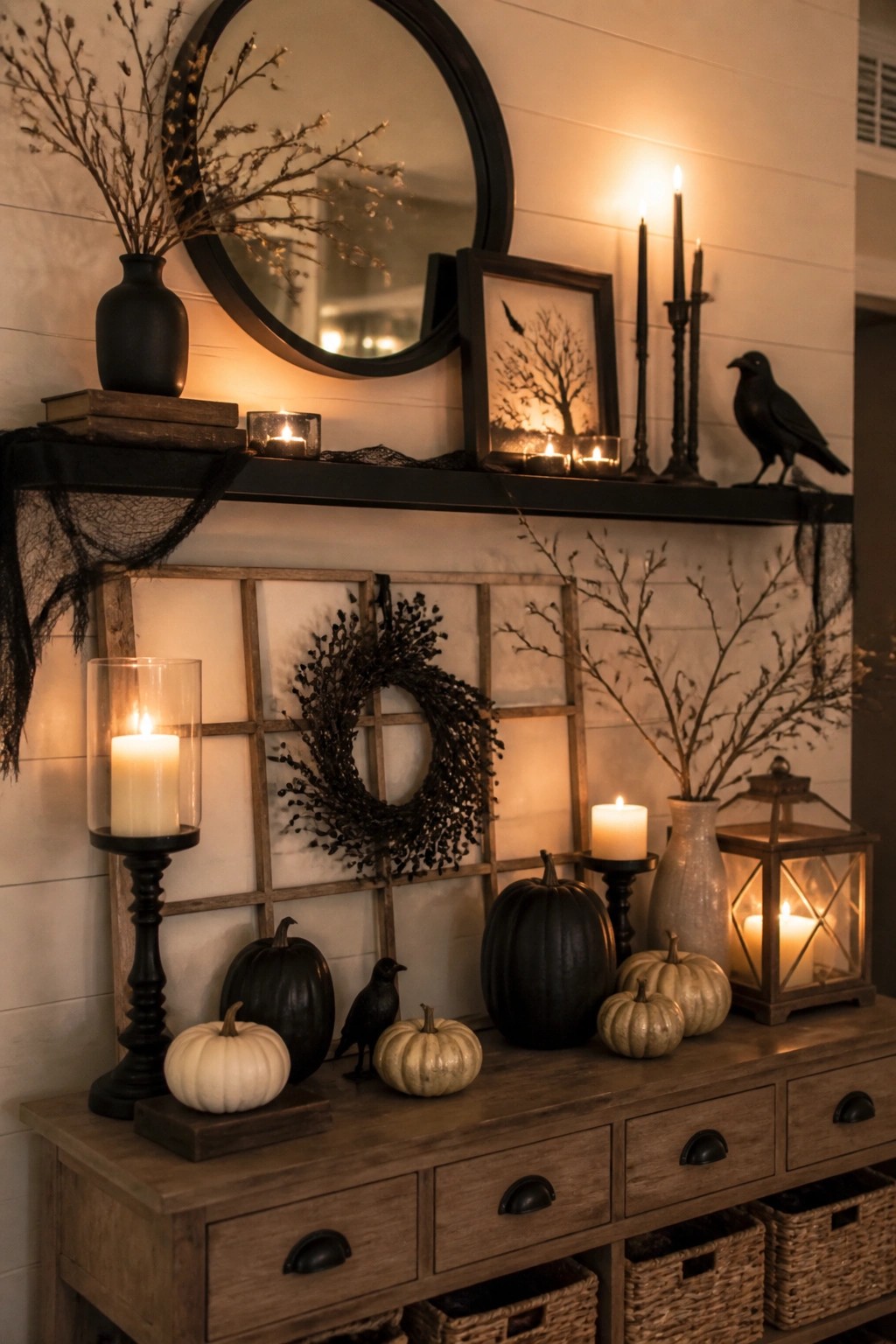 Entry console with black crows, black and white pumpkins, a lantern, and a black wreath on a wall grid below a shelf holding candles and framed art.