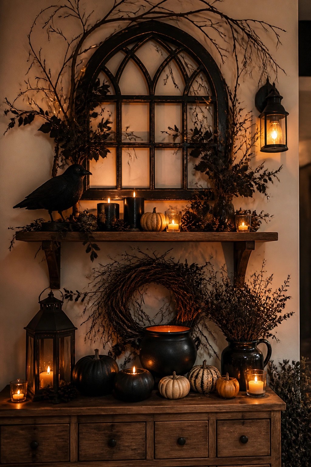 Arched window on a wall decorated with dark branches, a black crow on the shelf below, black candles, and small pumpkins.