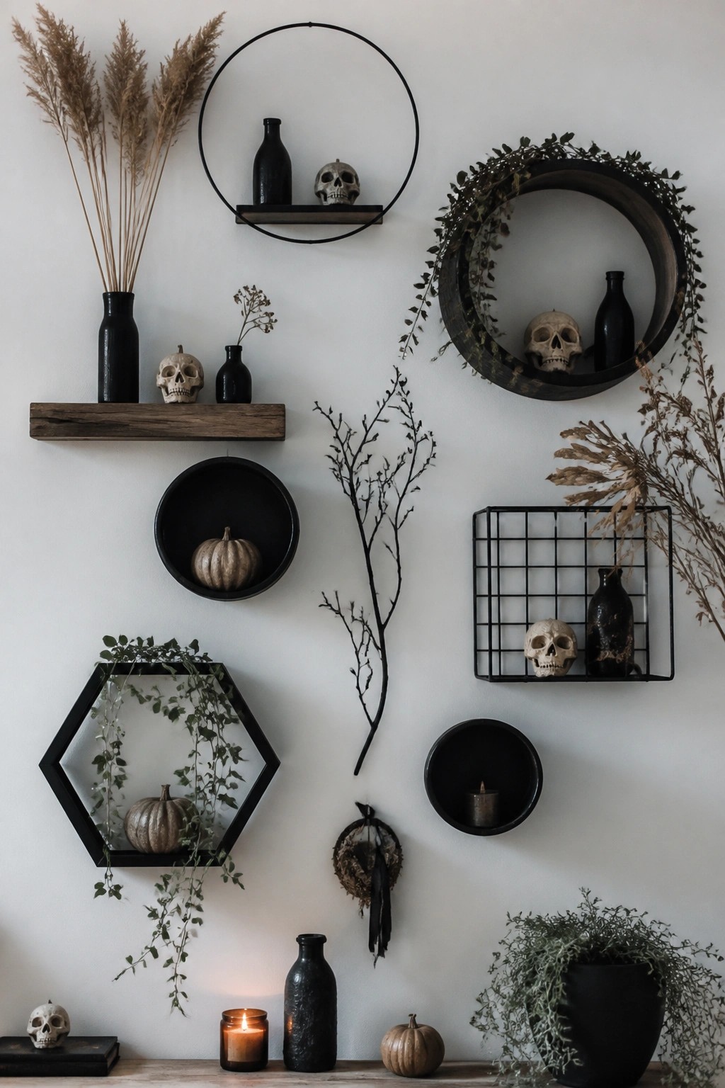 Dark gothic wall with skulls, pumpkins, black vases, candles, and dried plants on shelves
