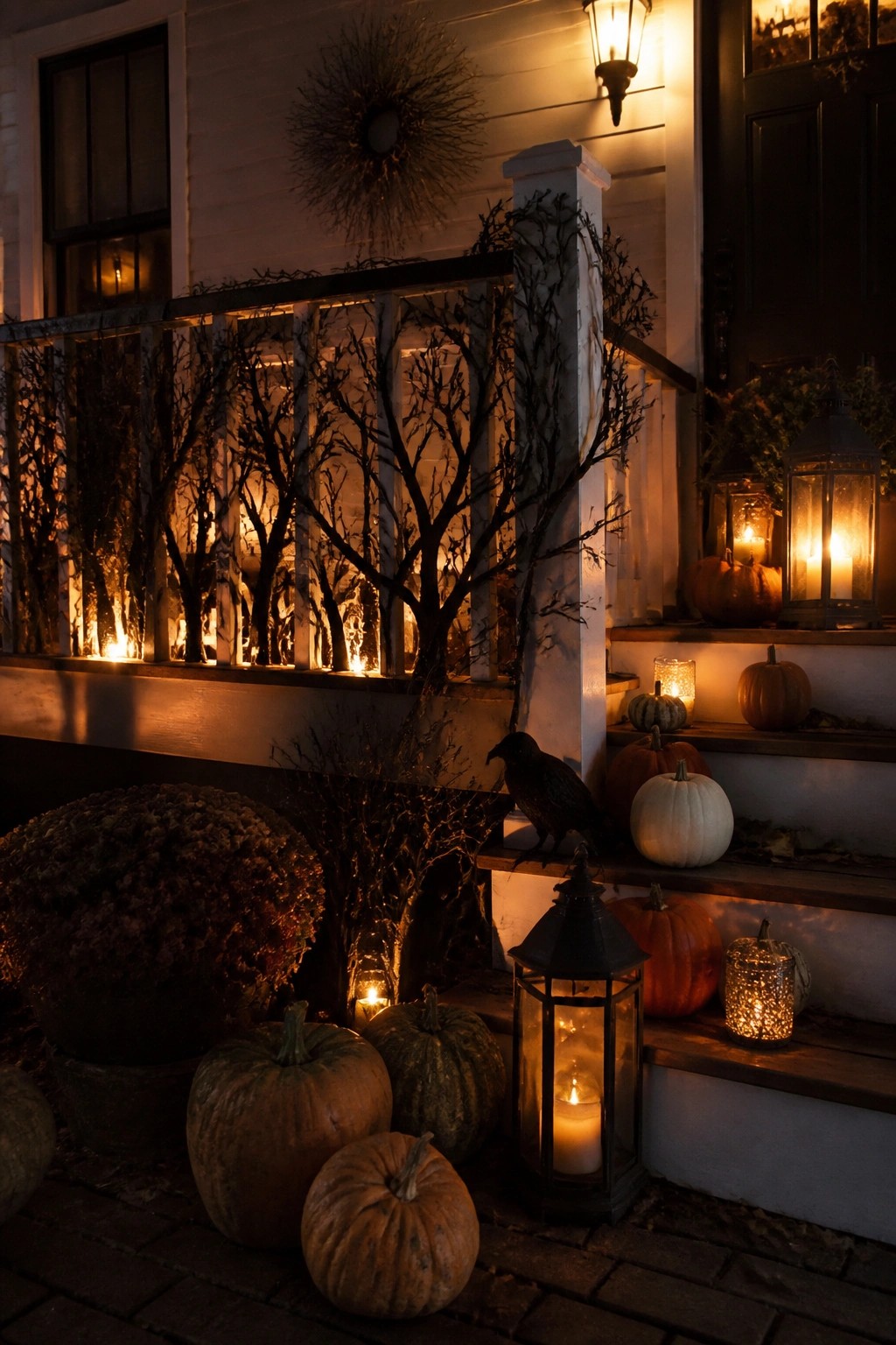 Farmhouse front porch with bare black branches arranged along the white railing, lit from behind, a black crow on the steps, and pumpkins with lanterns nearby.