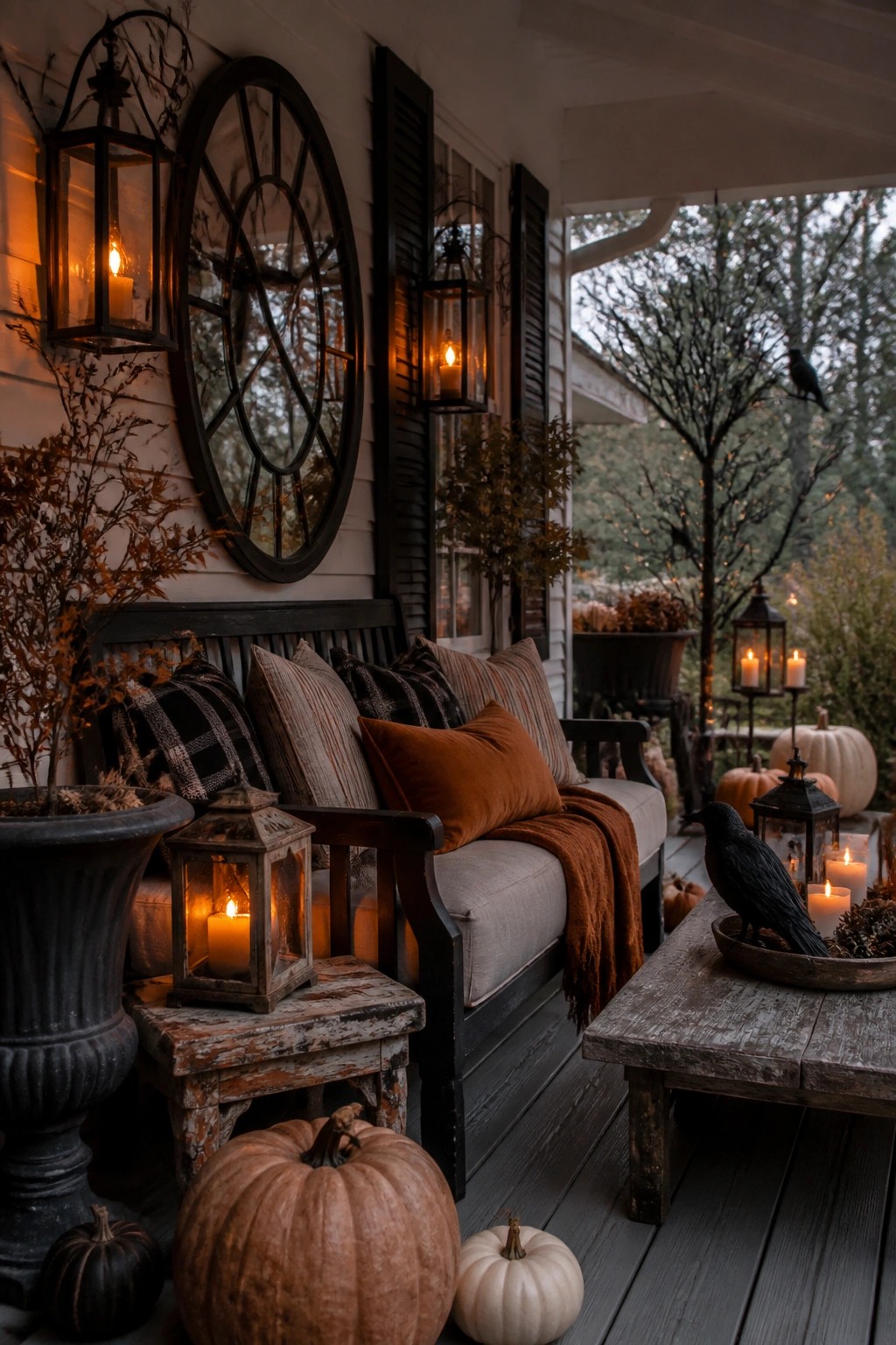 Farmhouse porch with a dark bench, pillows, lanterns, pumpkins, and black crow figurines placed on a wooden table and tree branch.