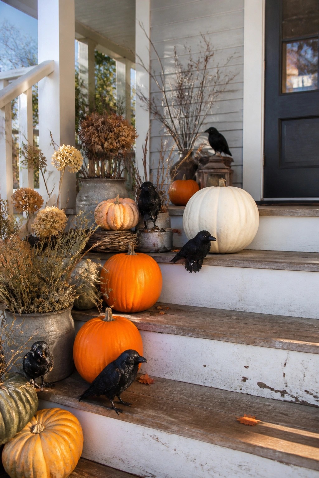 Farmhouse front porch with multiple black crows placed among orange and white pumpkins on wooden steps.