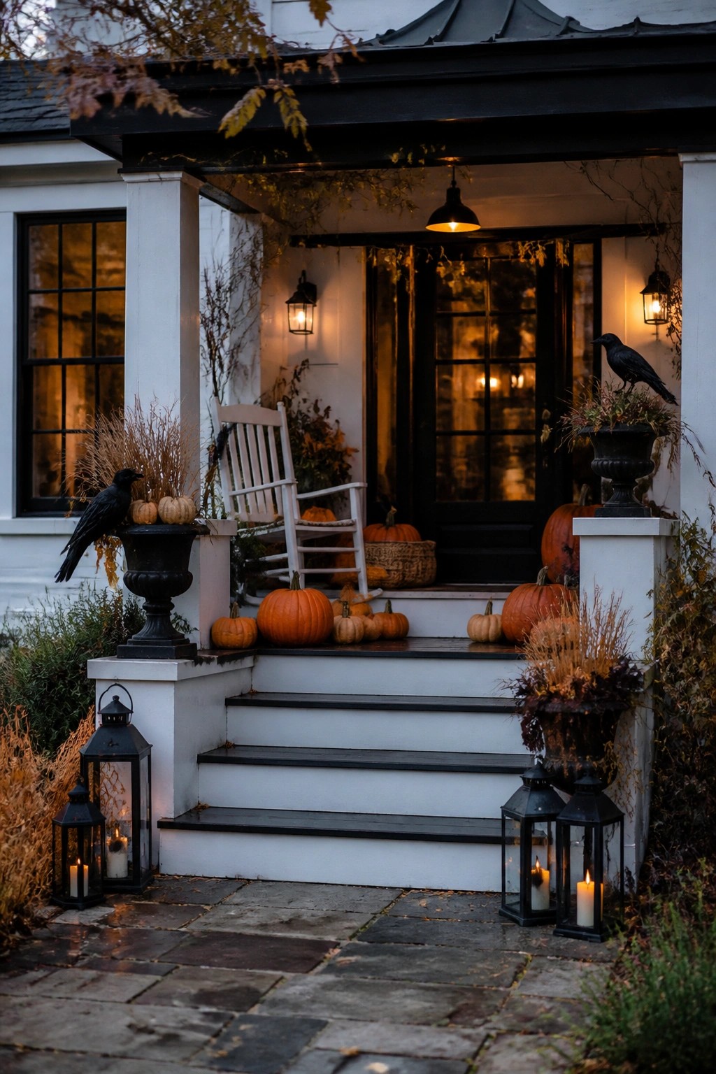 White porch with pumpkins, black crows on urns, lanterns, rocking chair, autumn decor at dusk