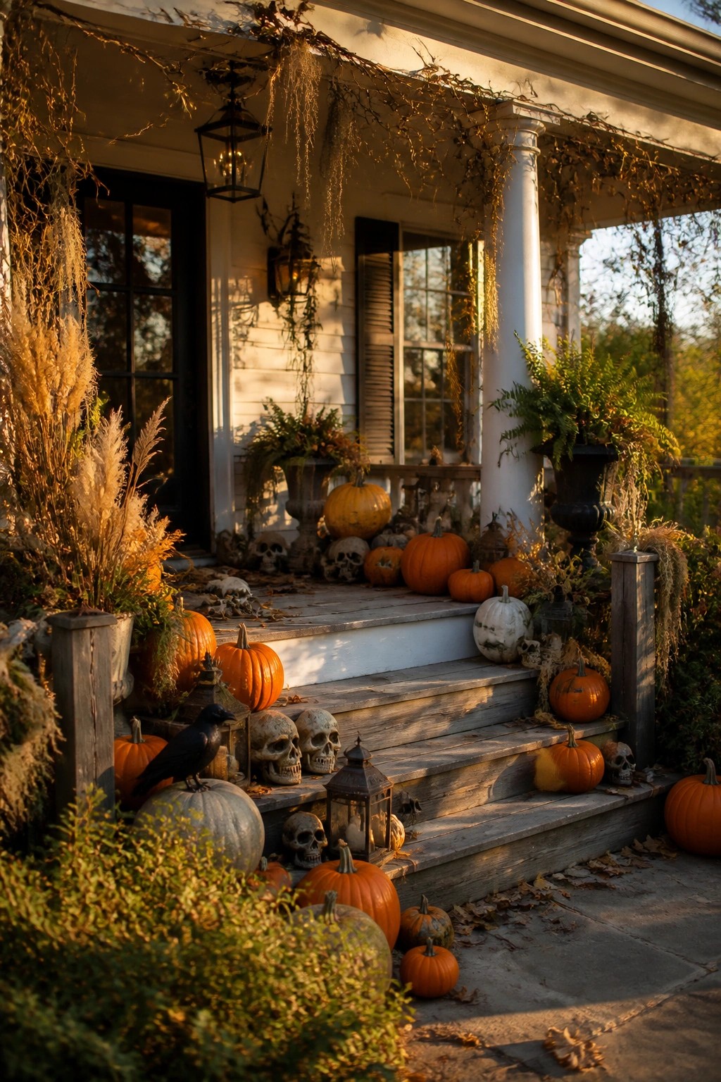 Farmhouse front porch with wooden steps lined with orange pumpkins, skulls, and black skeletons.