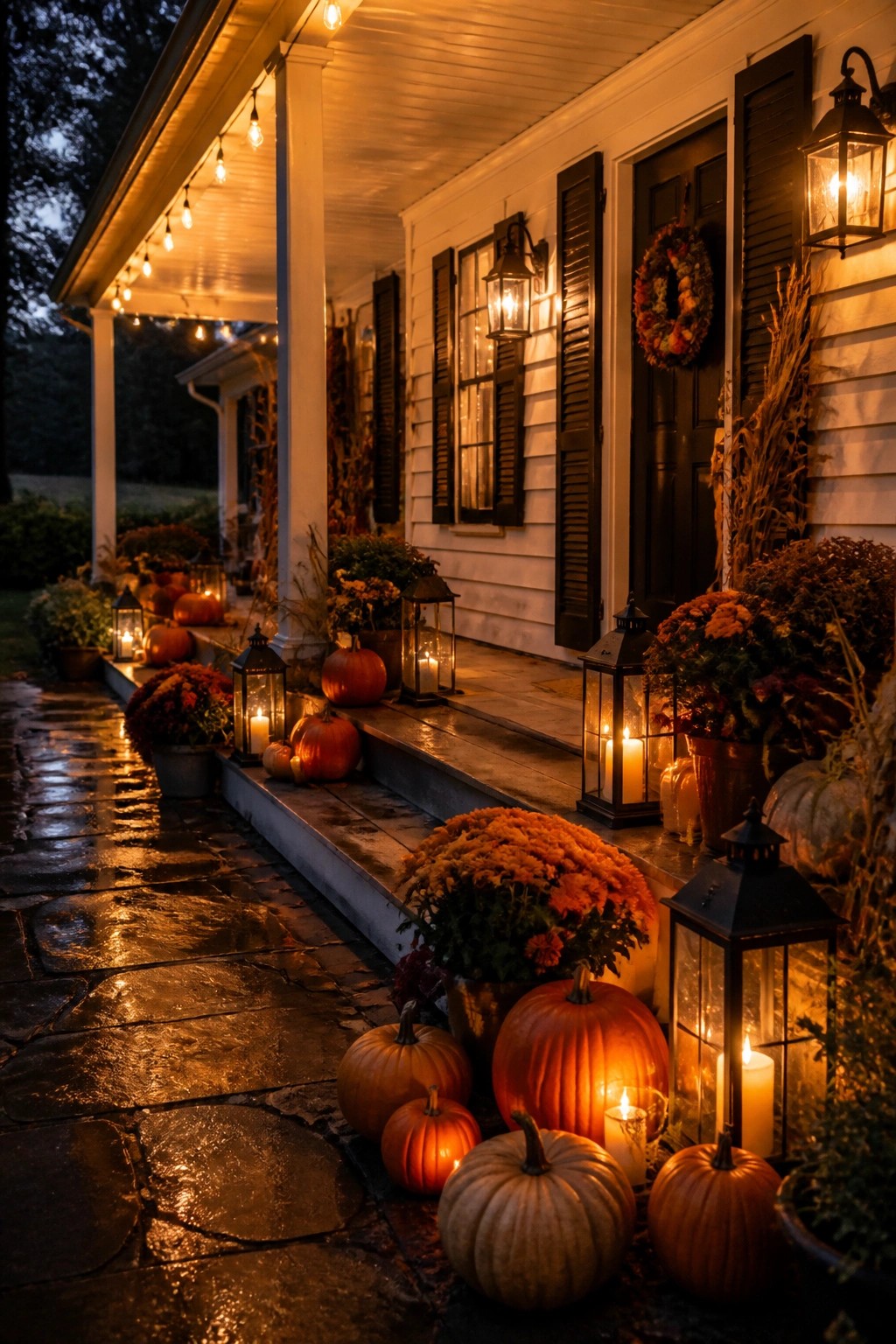 Farmhouse front porch with pumpkins and lit lanterns arranged along the steps and walkway beside orange mums.