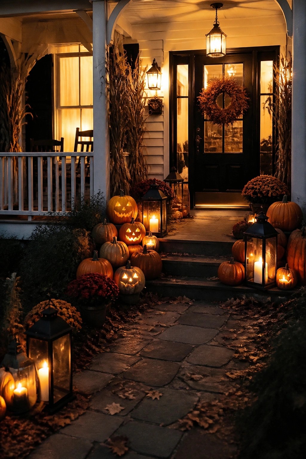 Front porch with carved jack o lanterns and black lanterns arranged on the steps and ground near a dark front door.