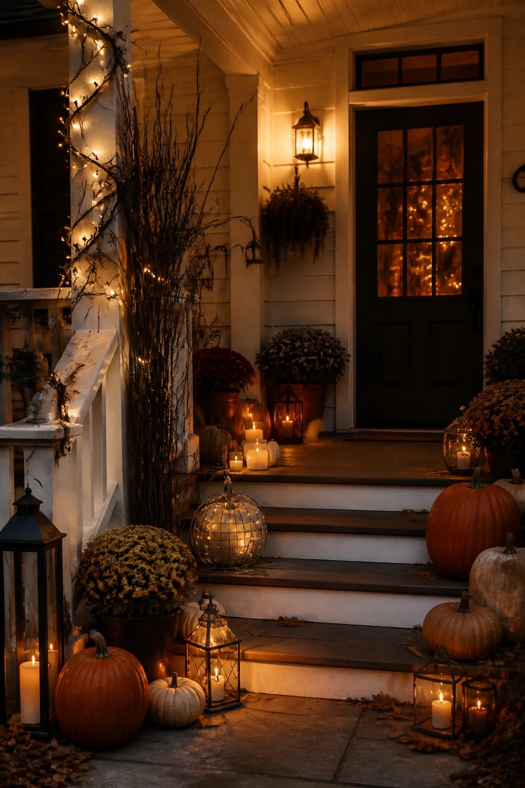 Front porch steps lined with orange and white pumpkins, black lanterns holding lit candles, and string lights wrapped around tall branches.