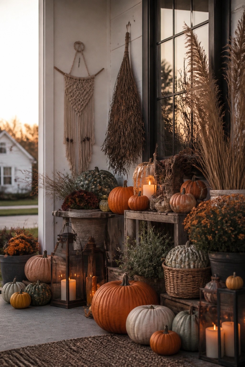 Front porch with assorted pumpkins, lit lanterns, wooden crates, and dried grasses arranged beside a black window frame.