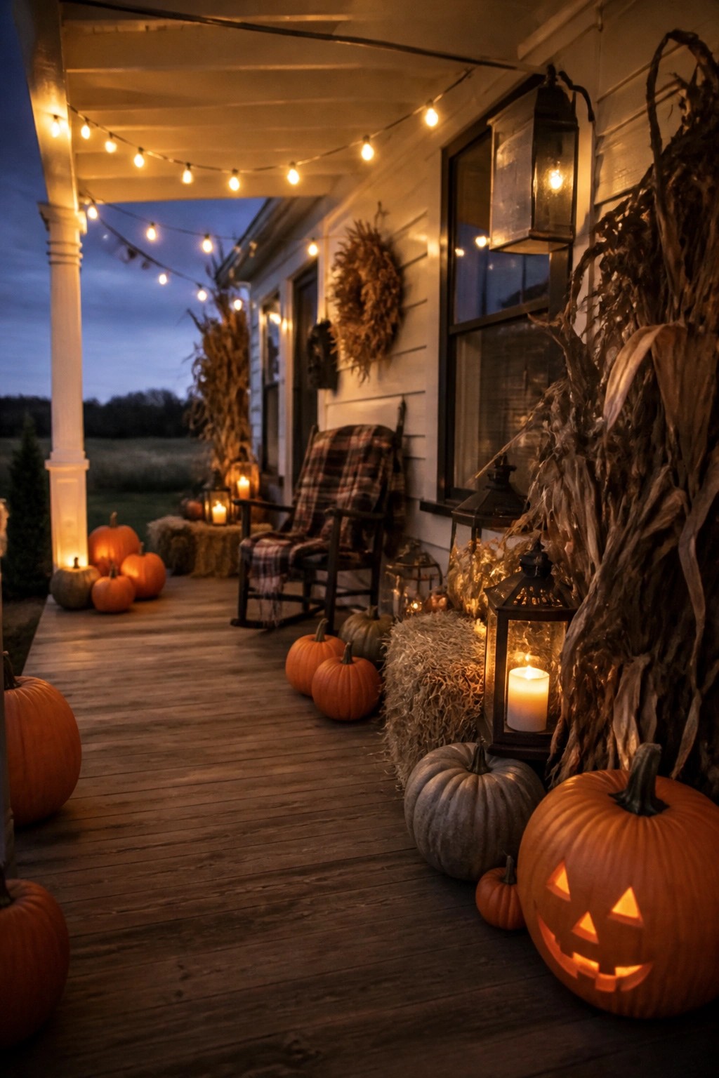 Farmhouse front porch decorated with pumpkins, a carved jack o lantern, and lit lanterns beside corn stalks and hay bales.