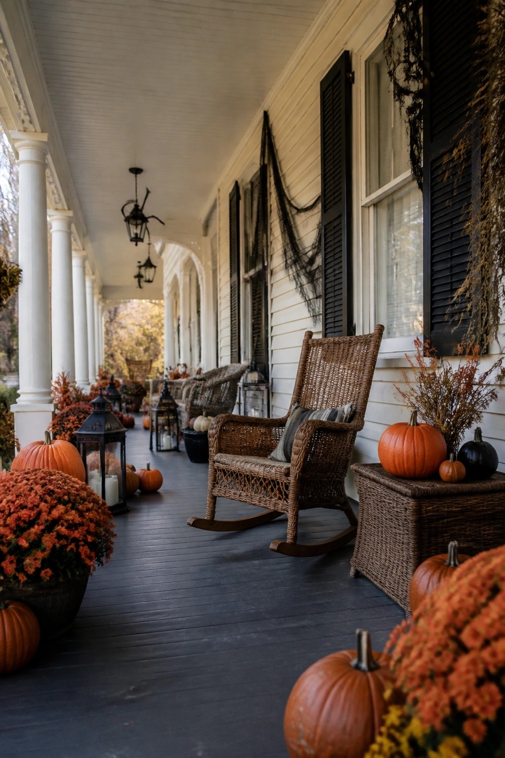 Farmhouse porch with black netting draped along the siding next to a wicker rocking chair and pumpkins on a side table.