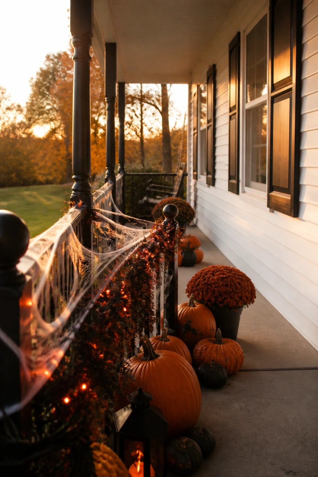Farmhouse front porch with white spiderwebs and glowing string lights draped along the dark railing beside orange pumpkins.