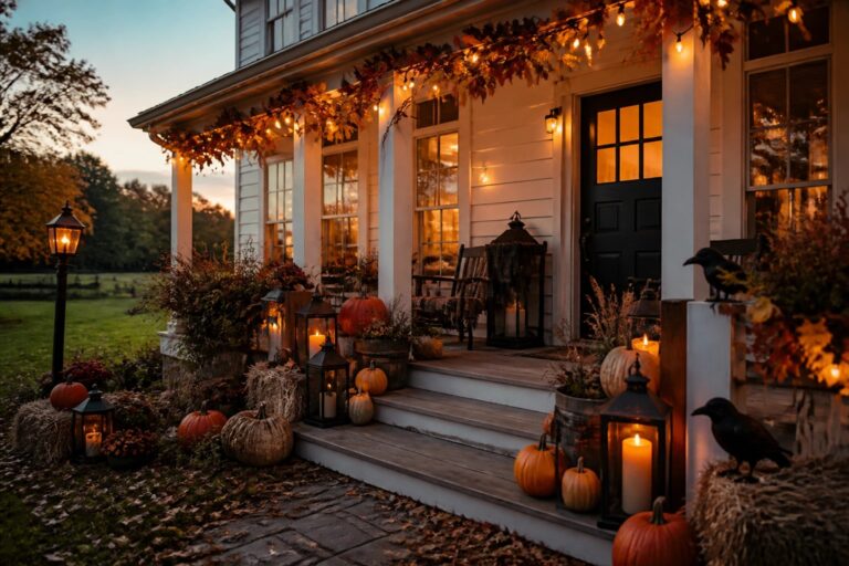 22 Outdoor Farmhouse Halloween Decor Ideas for the Perfect Porch Farmhouse front porch with pumpkins and lit lanterns arranged along the steps and walkway beside orange mums.