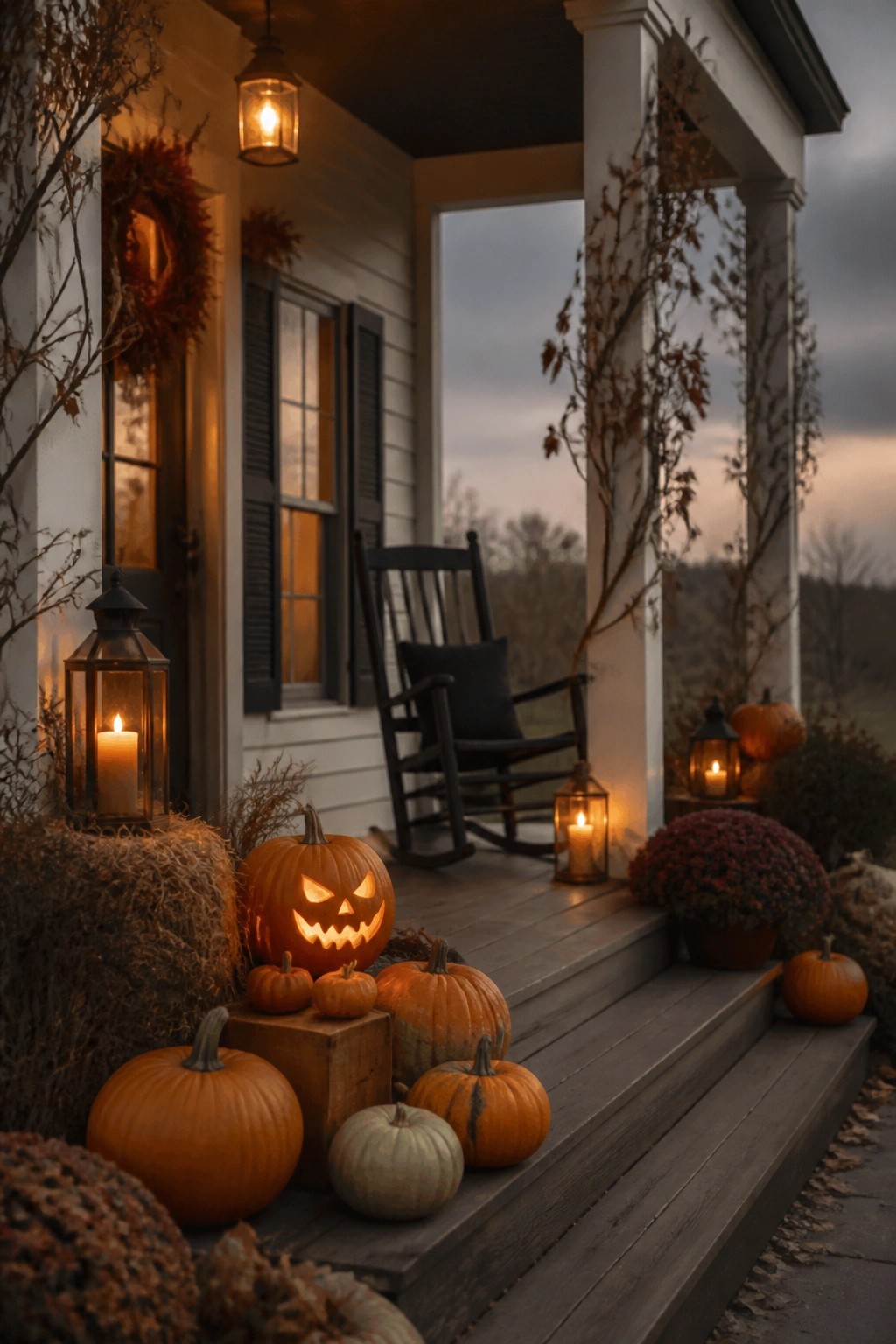 Front porch steps lined with carved and lit jack o lanterns of varying sizes, plus lanterns and a rocking chair in the background.