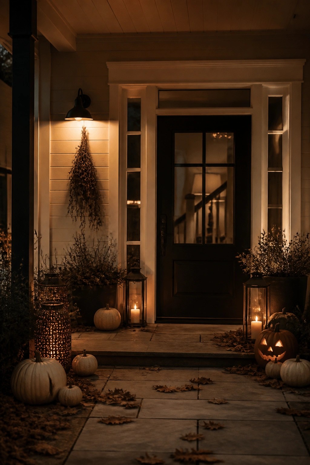 Nighttime porch with carved pumpkins, glowing lanterns, and scattered autumn leaves
