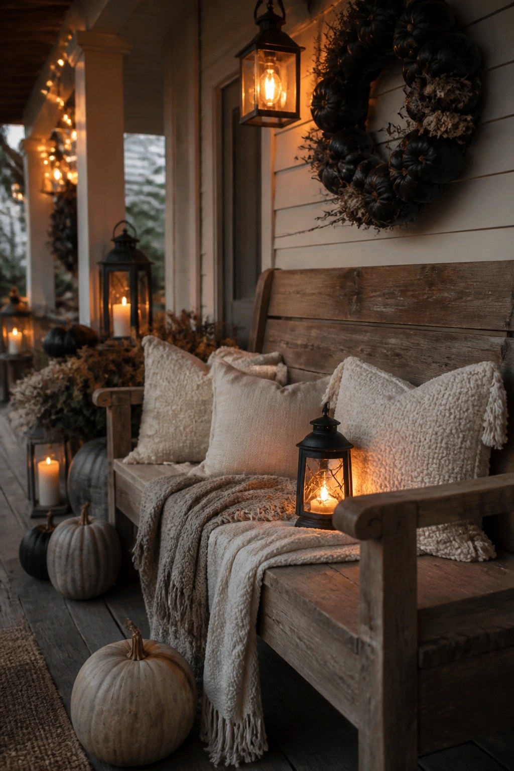 Wooden front porch with a bench holding pillows and a throw, lit lanterns, and a large black pumpkin wreath on the white siding.