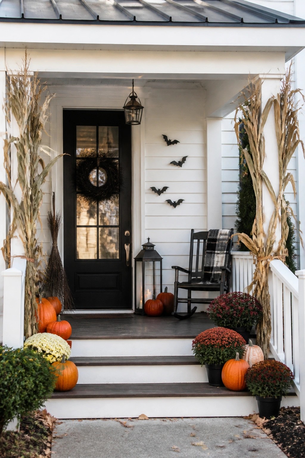 White porch with black door, pumpkins, corn stalks, rocking chair, and bats