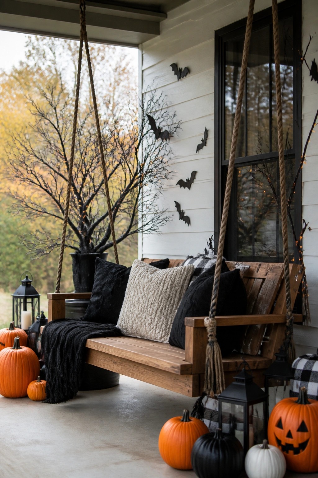 Wooden porch swing with black and neutral pillows beside a white wall covered in black bat cutouts, with pumpkins and lanterns around the base.