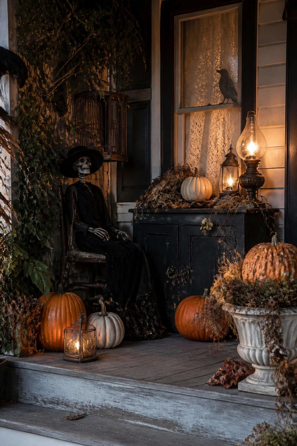 Front porch with a skeleton dressed in black clothing and a wide hat seated on a wooden chair beside pumpkins and lanterns.
