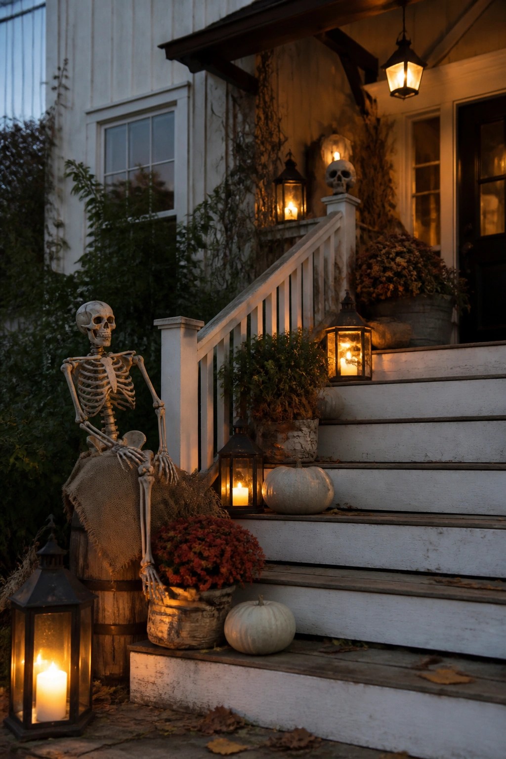 A skeleton decoration sits on a barrel at the base of white porch steps surrounded by lanterns and white pumpkins.