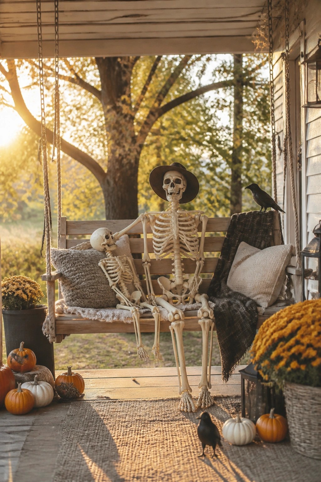 Farmhouse porch swing with two decorative skeletons, one wearing a hat, and crows perched nearby.