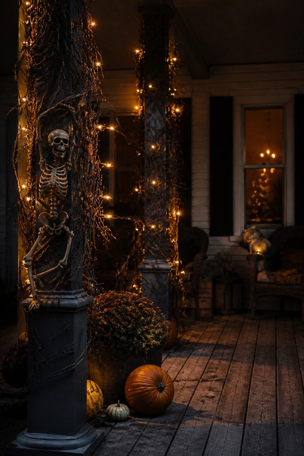 Front porch column wrapped with a skeleton decoration and string lights, with pumpkins on the wooden deck below.