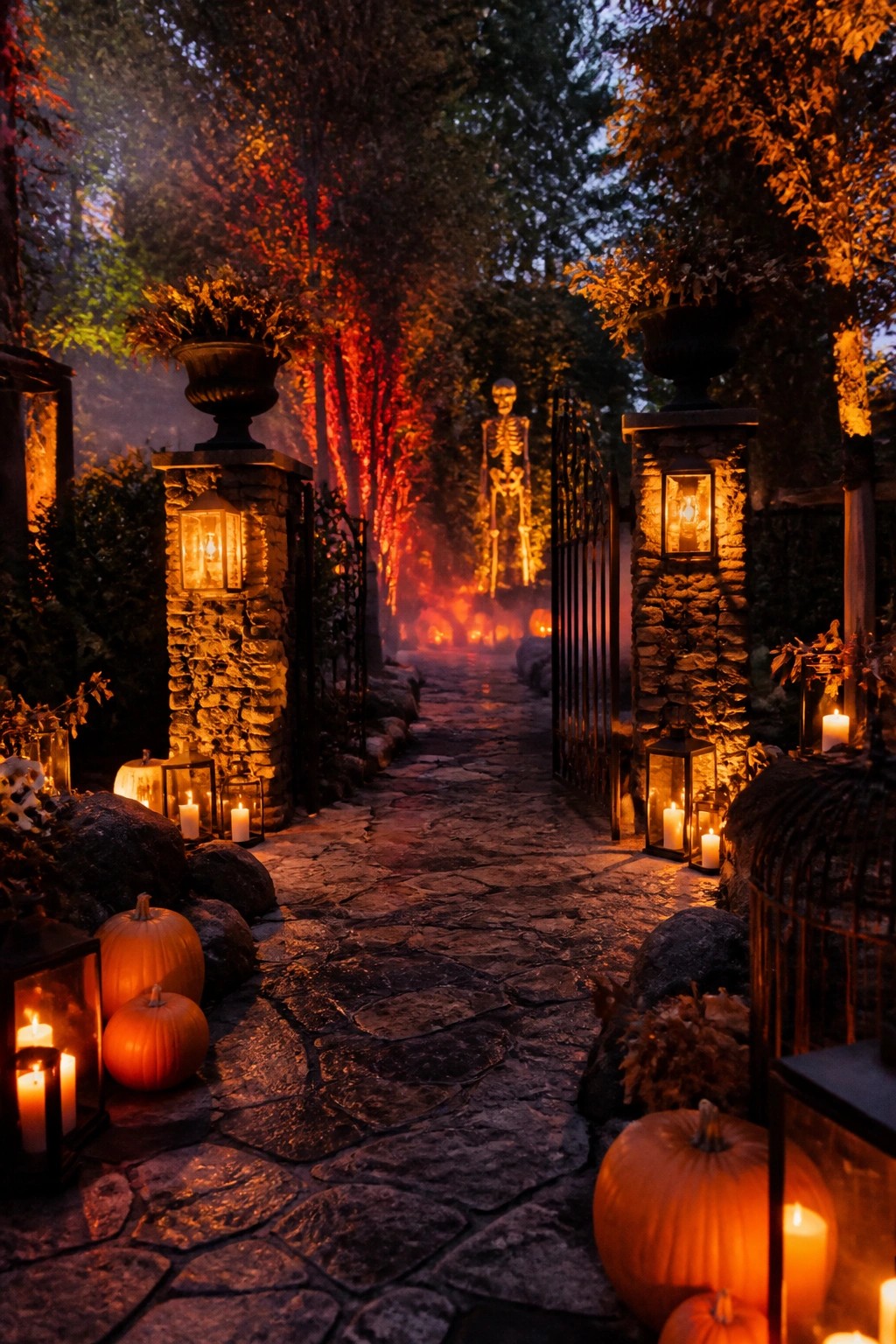 Stone pathway lined with pumpkins and lanterns leading to a tall glowing skeleton standing beyond an open gate.