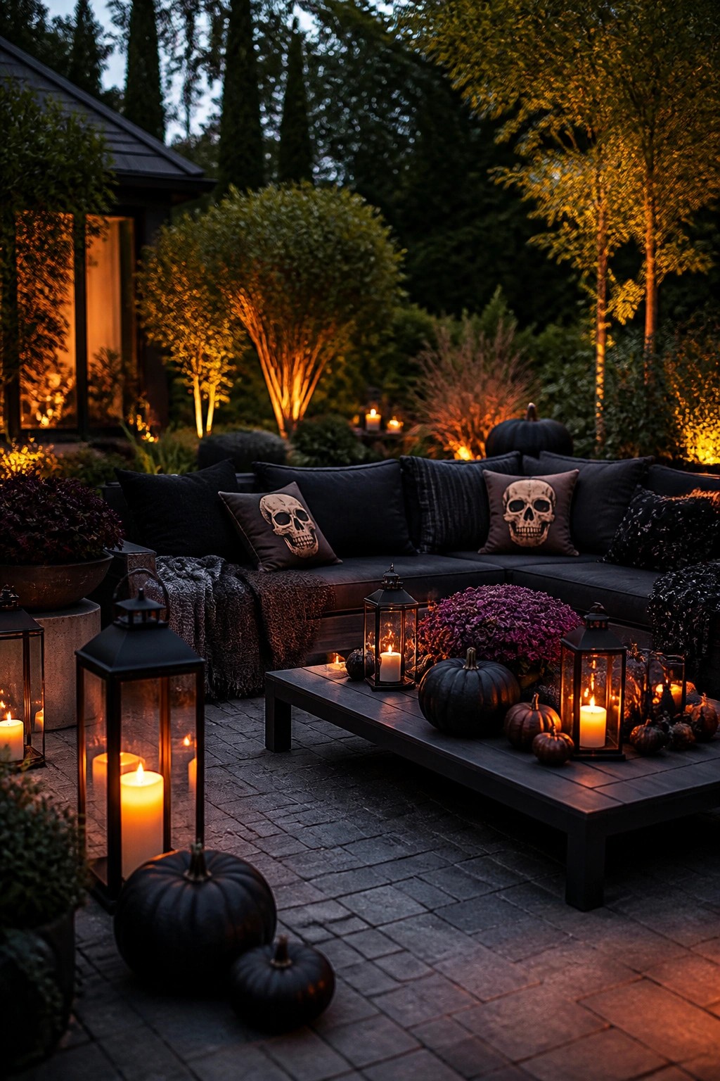 Outdoor patio sectional with skull pillows, black pumpkins, and lanterns arranged on a stone surface at night.
