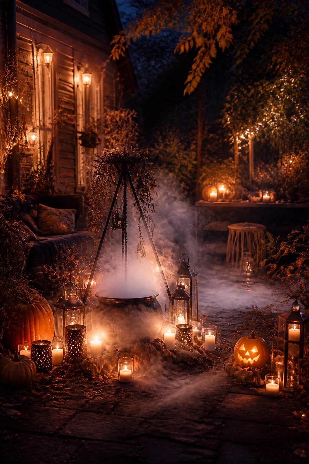 Outdoor patio at night with a large smoking cauldron on a tripod, surrounded by lanterns, candles, and carved pumpkins.
