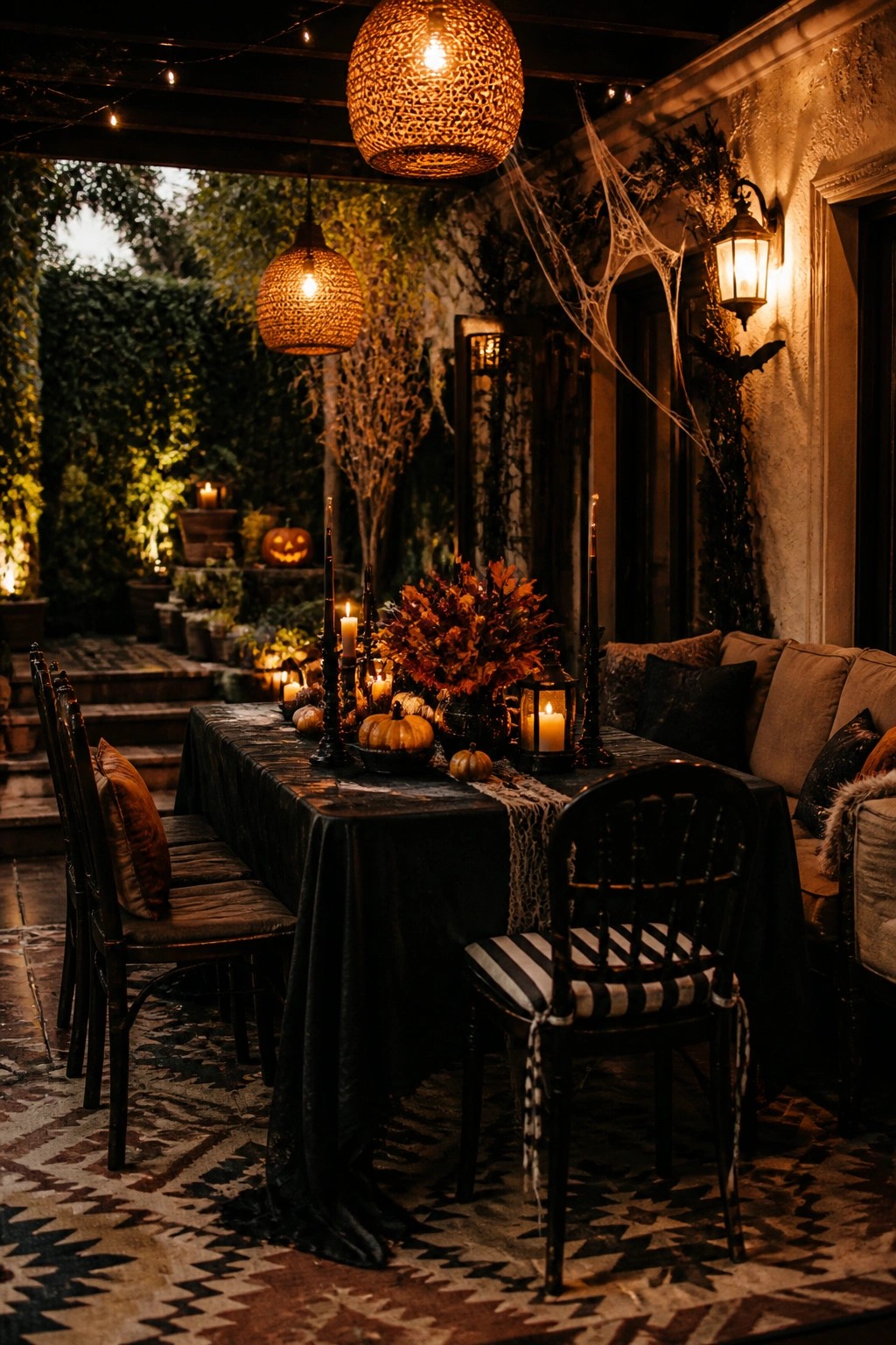 Outdoor patio dining table covered with a black cloth, set with black candle holders, small pumpkins, and autumn leaves for Halloween.
