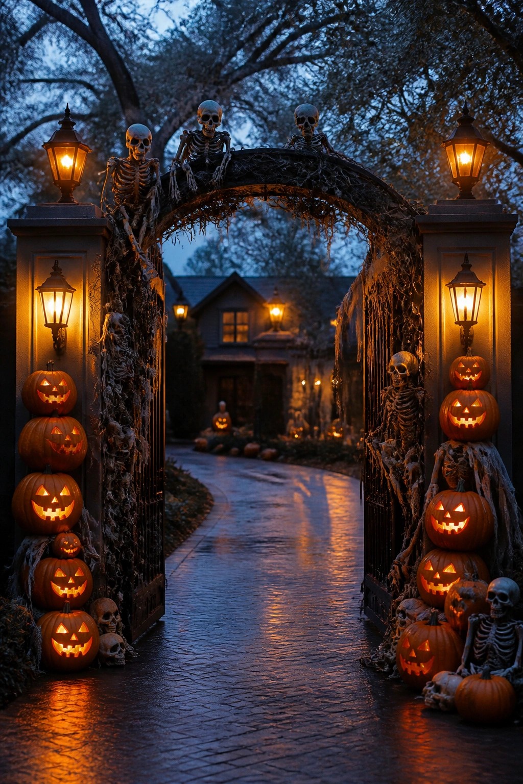Outdoor entry gate decorated with skeletons draped over the arch and multiple stacks of carved glowing pumpkins on the stone pillars.