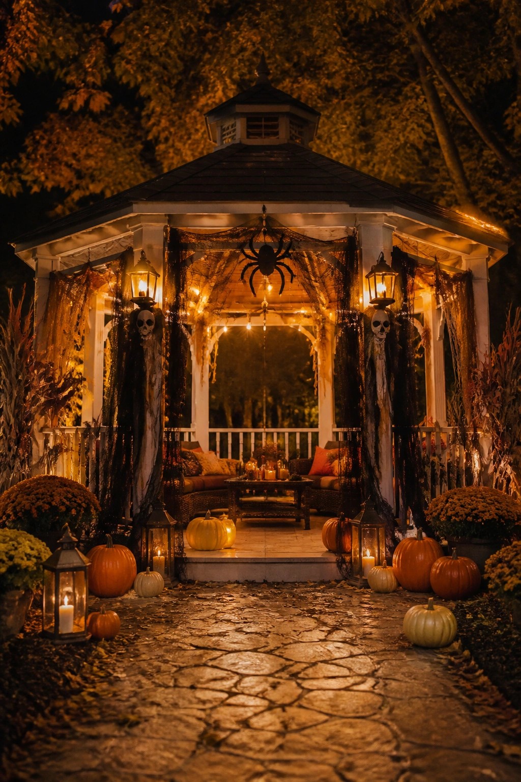 A white gazebo at night covered in black spiderwebs with a large hanging spider, skulls on the posts, lanterns, and pumpkins along the stone path.