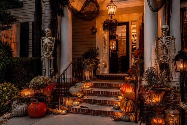 Front entrance with multiple plastic skeletons and carved glowing jack o lanterns arranged on the steps beside a wooden door with an autumn wreath.