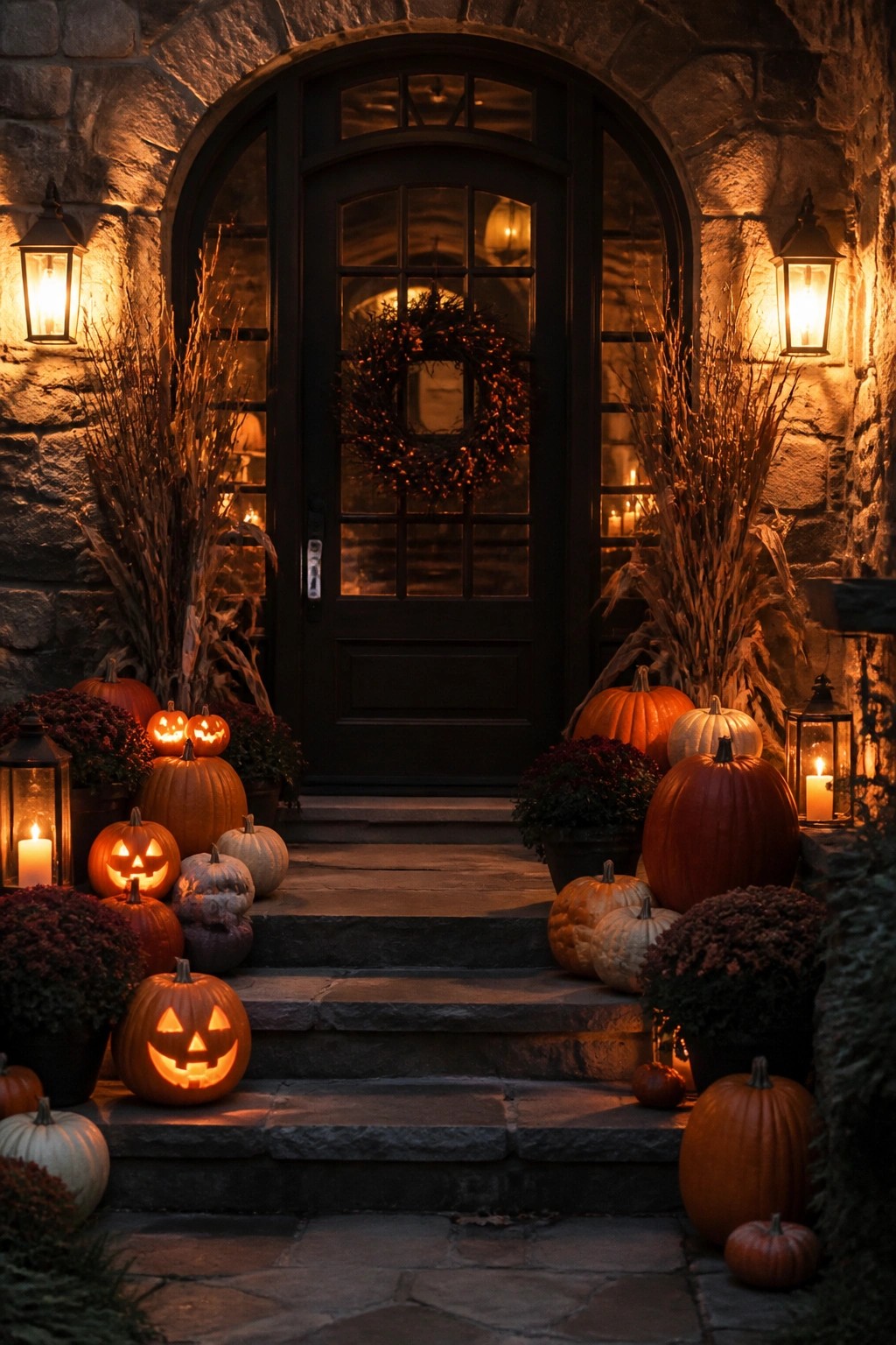 Stone steps lined with glowing jack-o'-lanterns, pumpkins, and lanterns at night