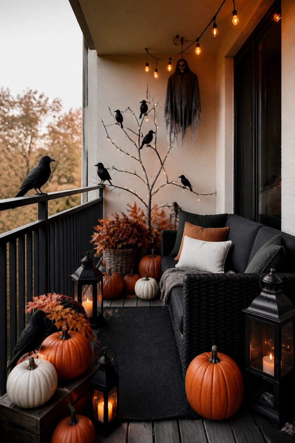 Outdoor balcony with a large hanging ghost decoration, black crows perched on lit branches, pumpkins, and lanterns arranged around a dark sofa.
