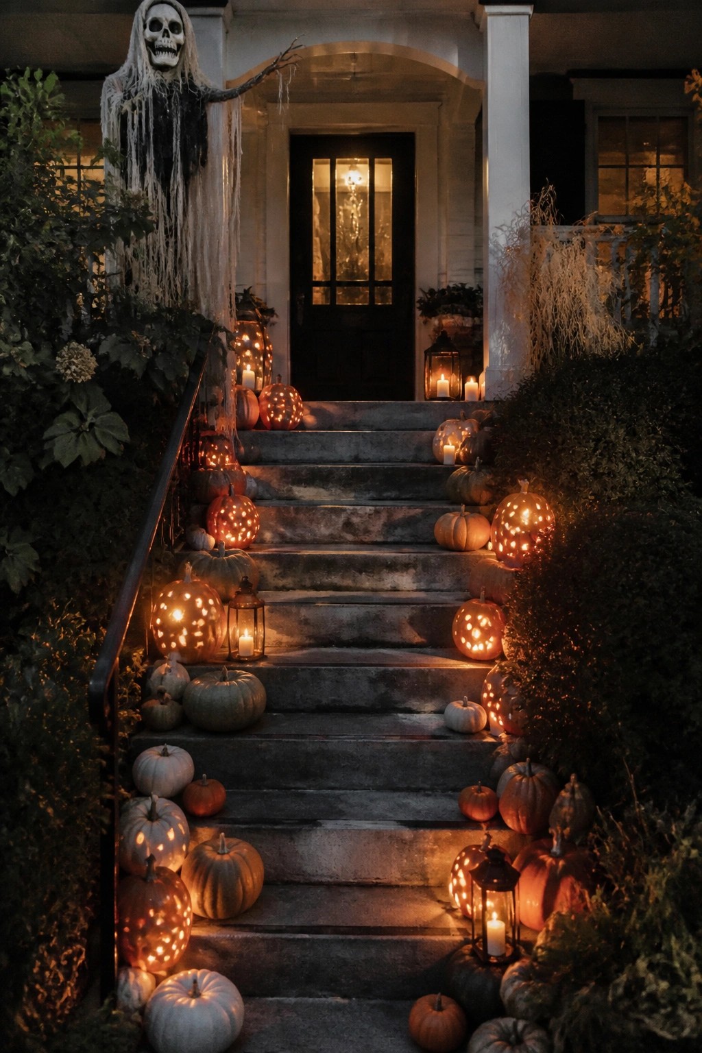 Stone stairs lined with glowing carved pumpkins, lanterns, and a hanging skeleton at night