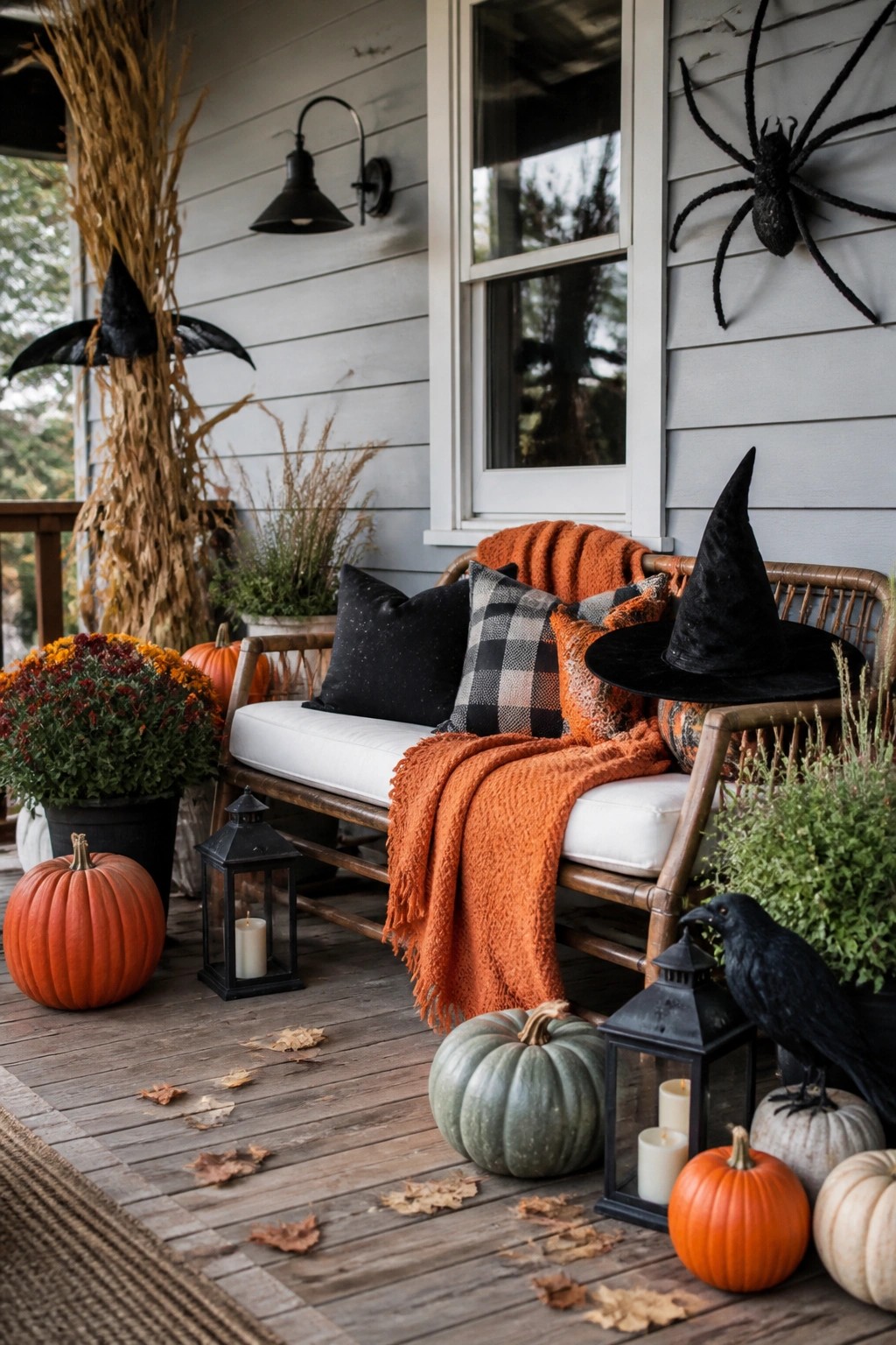 Front porch with a large black spider decoration on the wall, a witch hat on the bench, pumpkins, and lanterns.