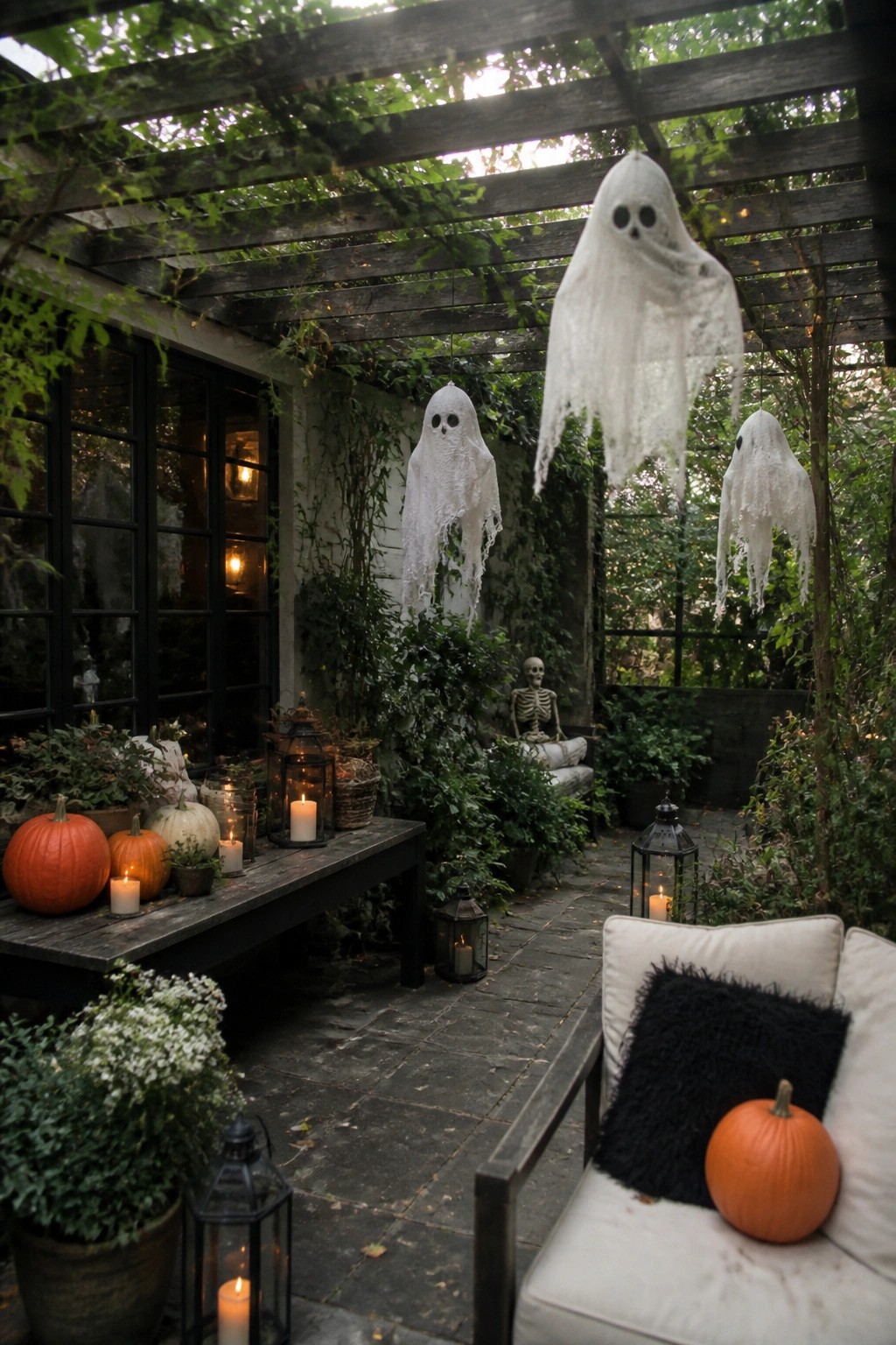 Covered outdoor patio with multiple white sheet ghosts hanging from wooden beams, a skeleton seated among plants, pumpkins on a bench, and lit lanterns on the stone floor.
