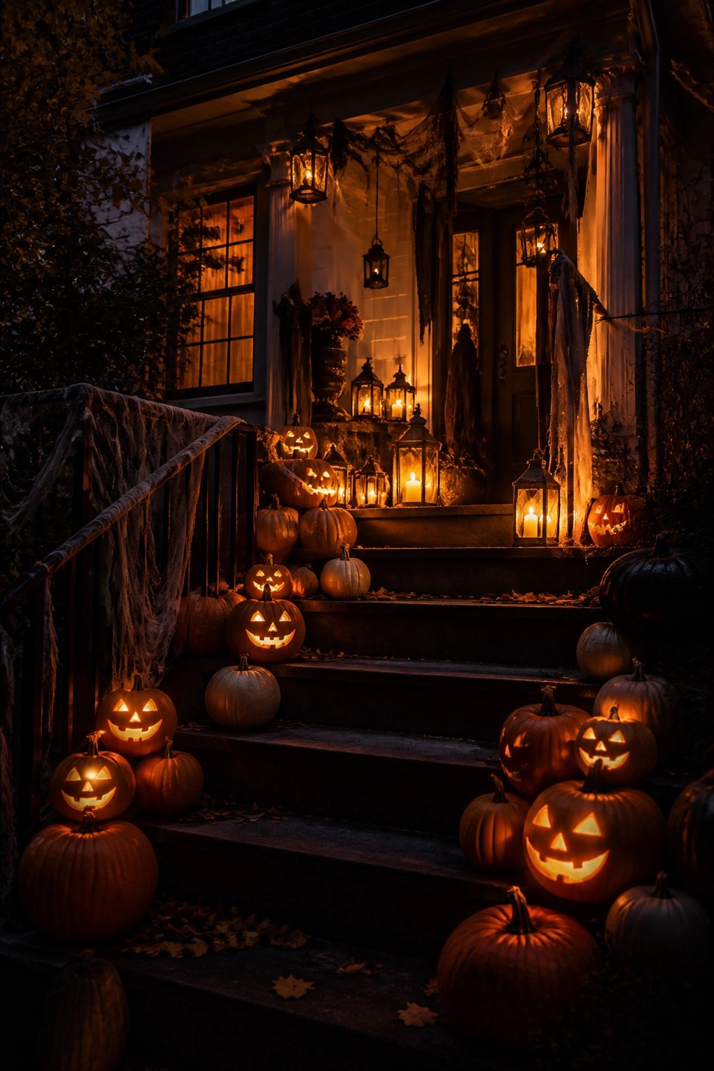 Front porch and stairs covered with many glowing jack o lanterns, lanterns, and spiderwebs.