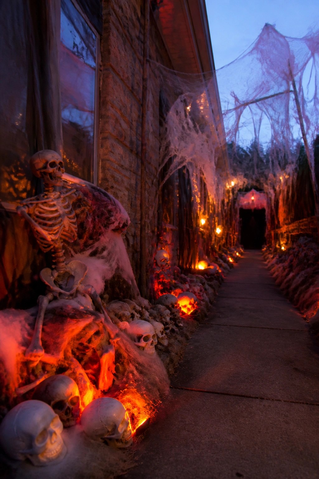 Skeleton amid skulls, spiderwebs, and glowing red lights along brick house path at dusk