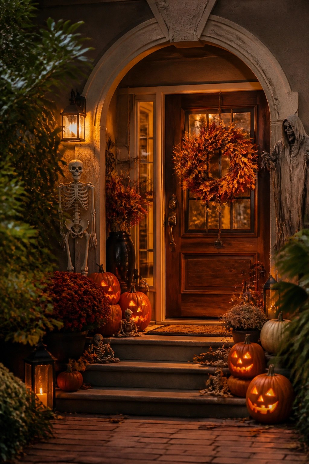 Front entrance with multiple plastic skeletons and carved glowing jack o lanterns arranged on the steps beside a wooden door with an autumn wreath.