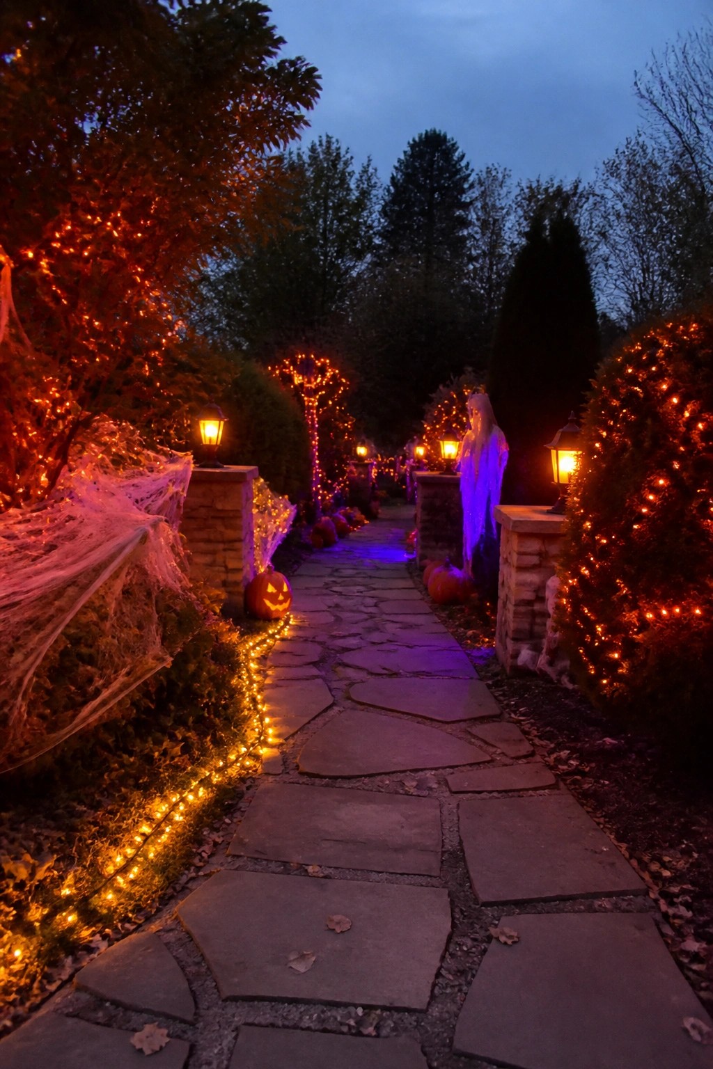 Stone path lined with glowing pumpkins, ghosts, spider webs, and string lights at dusk