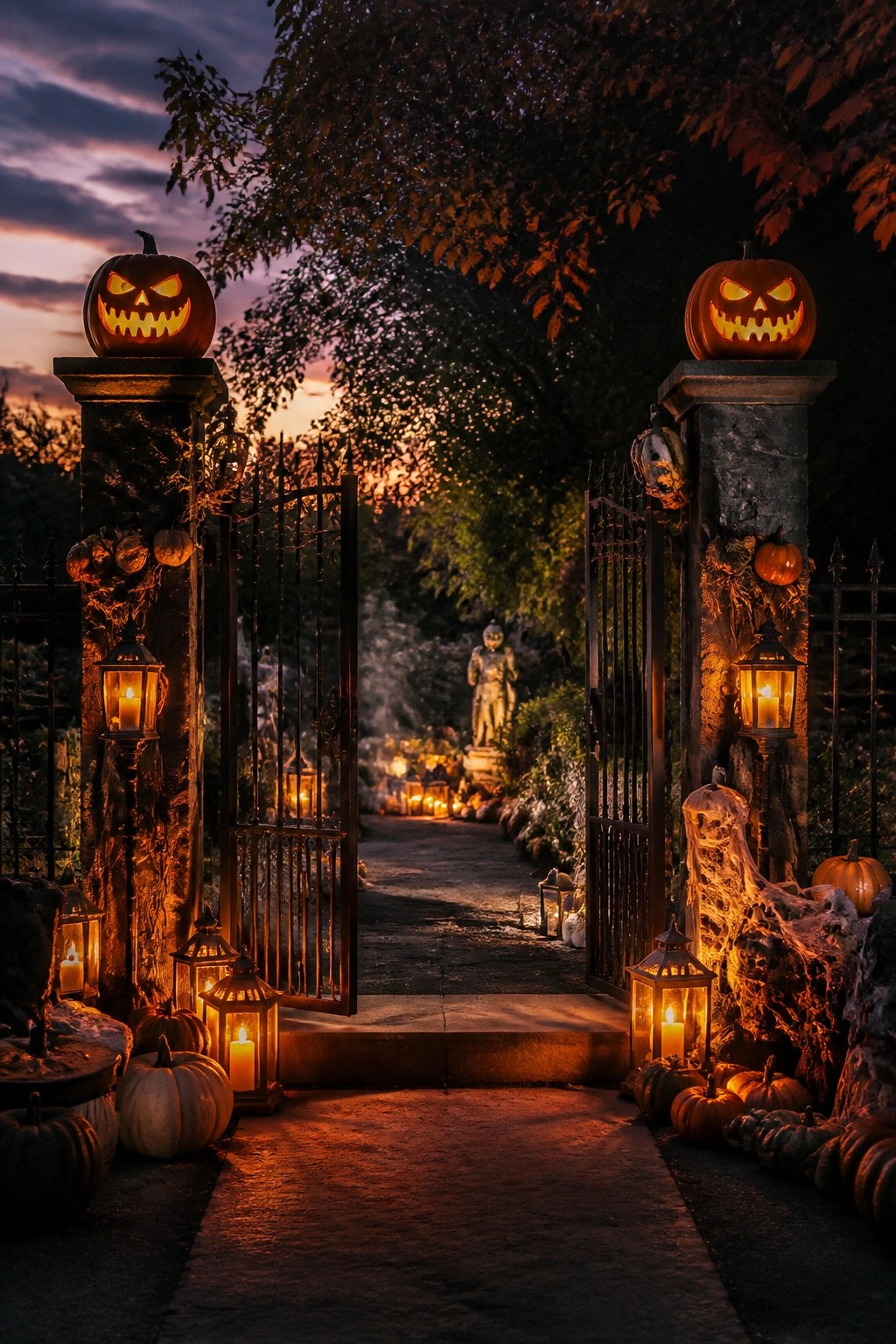 Open black iron gates topped with large glowing jack o lanterns on stone pillars, with lanterns and pumpkins lining a garden walkway at dusk.