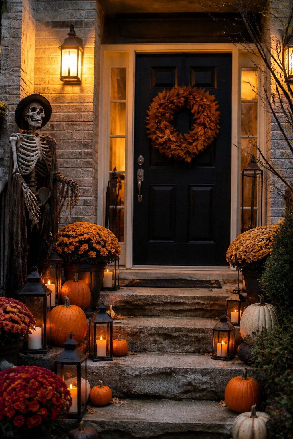 Skeleton in hat by black door with wreath, steps with pumpkins, lanterns, mums at night