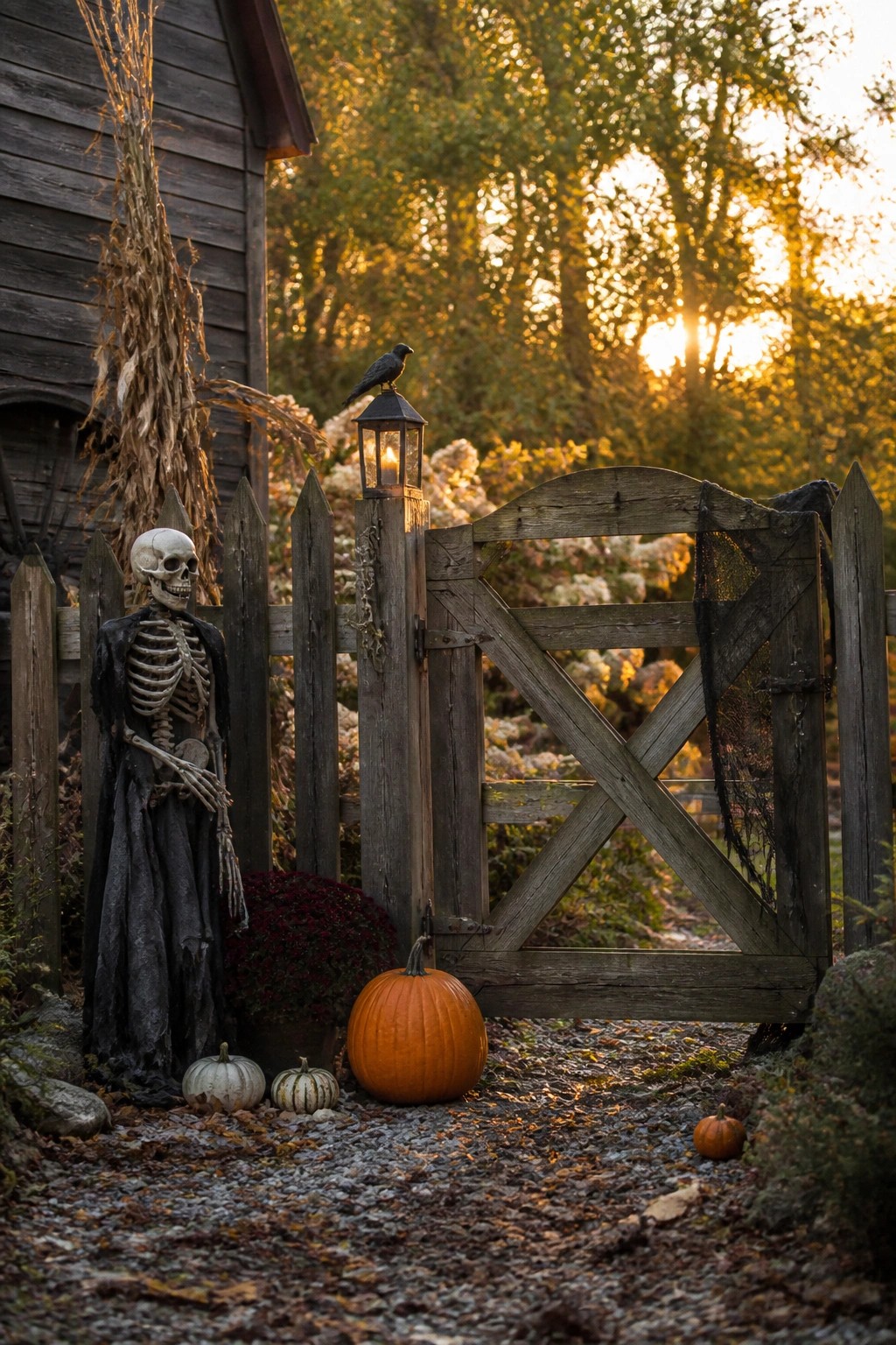 A skeleton in a dark robe stands beside a wooden gate with a crow on a lantern, pumpkins on the ground, and black netting on the gate.