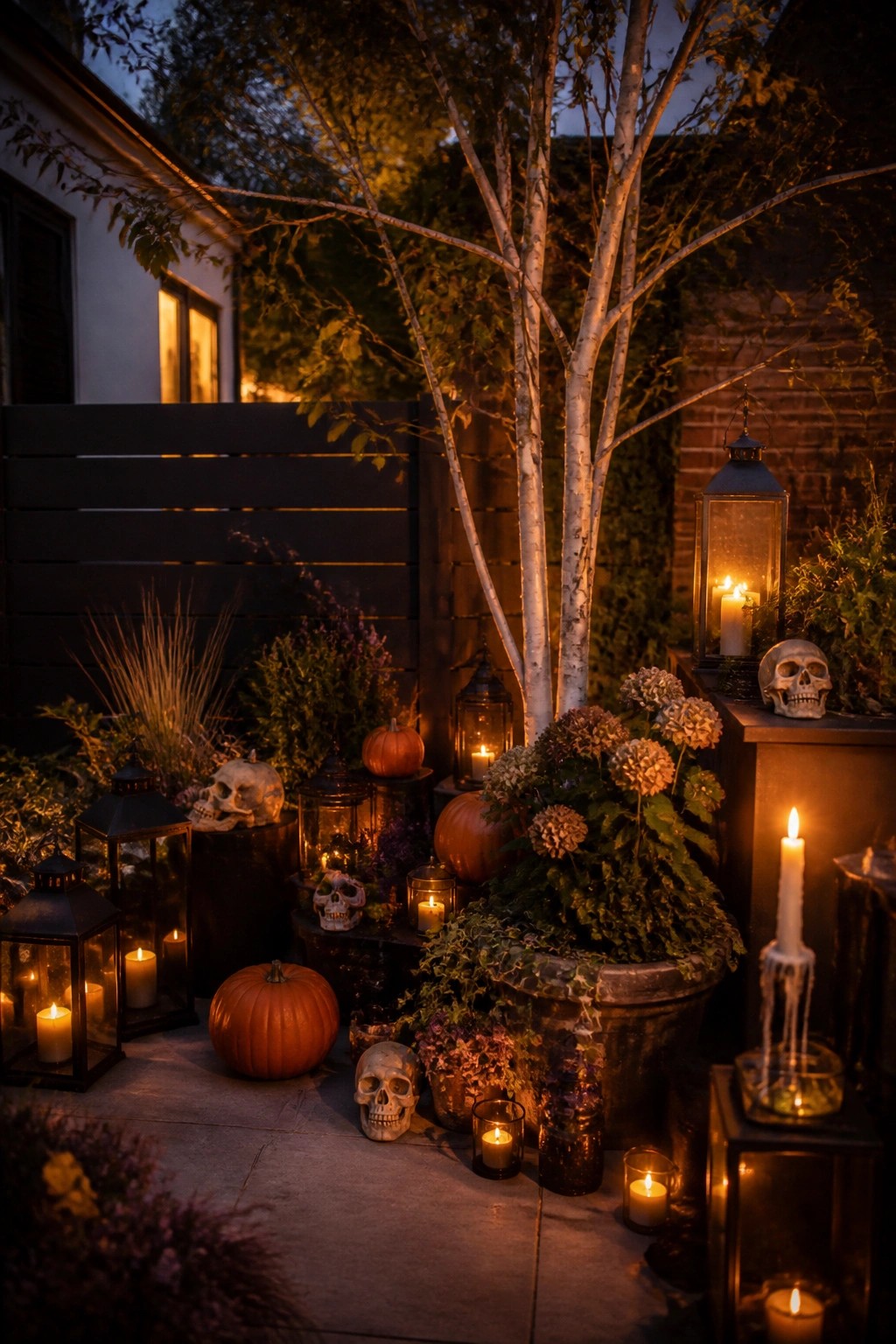 Outdoor patio at dusk with multiple decorative skulls placed among black lanterns, lit candles, and orange pumpkins next to plants and a tree.