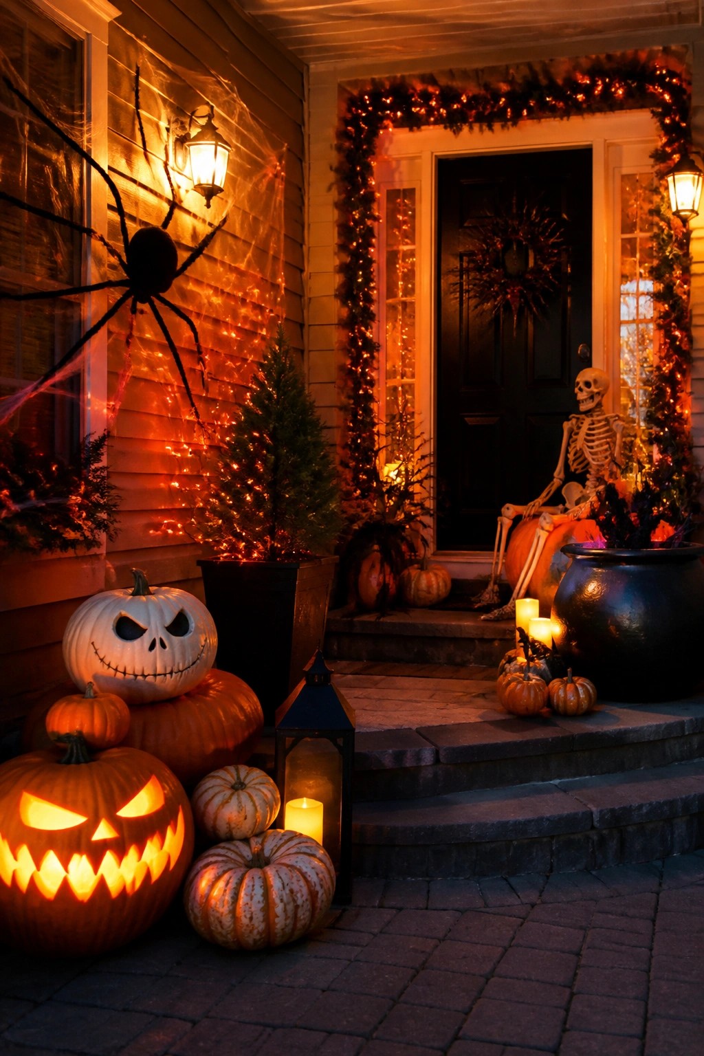 Front porch with a large skeleton seated on the steps next to a black cauldron, carved jack-o'-lanterns, and string lights around the door.