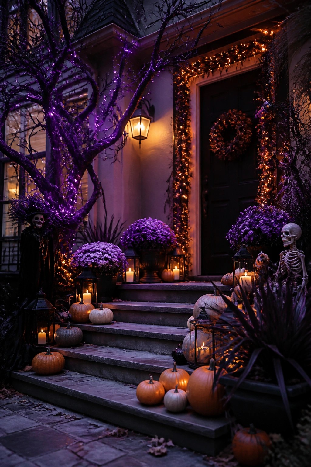 Front porch at night with multiple skeletons posed on the steps, purple string lights on bare branches, and pumpkins scattered among lanterns.