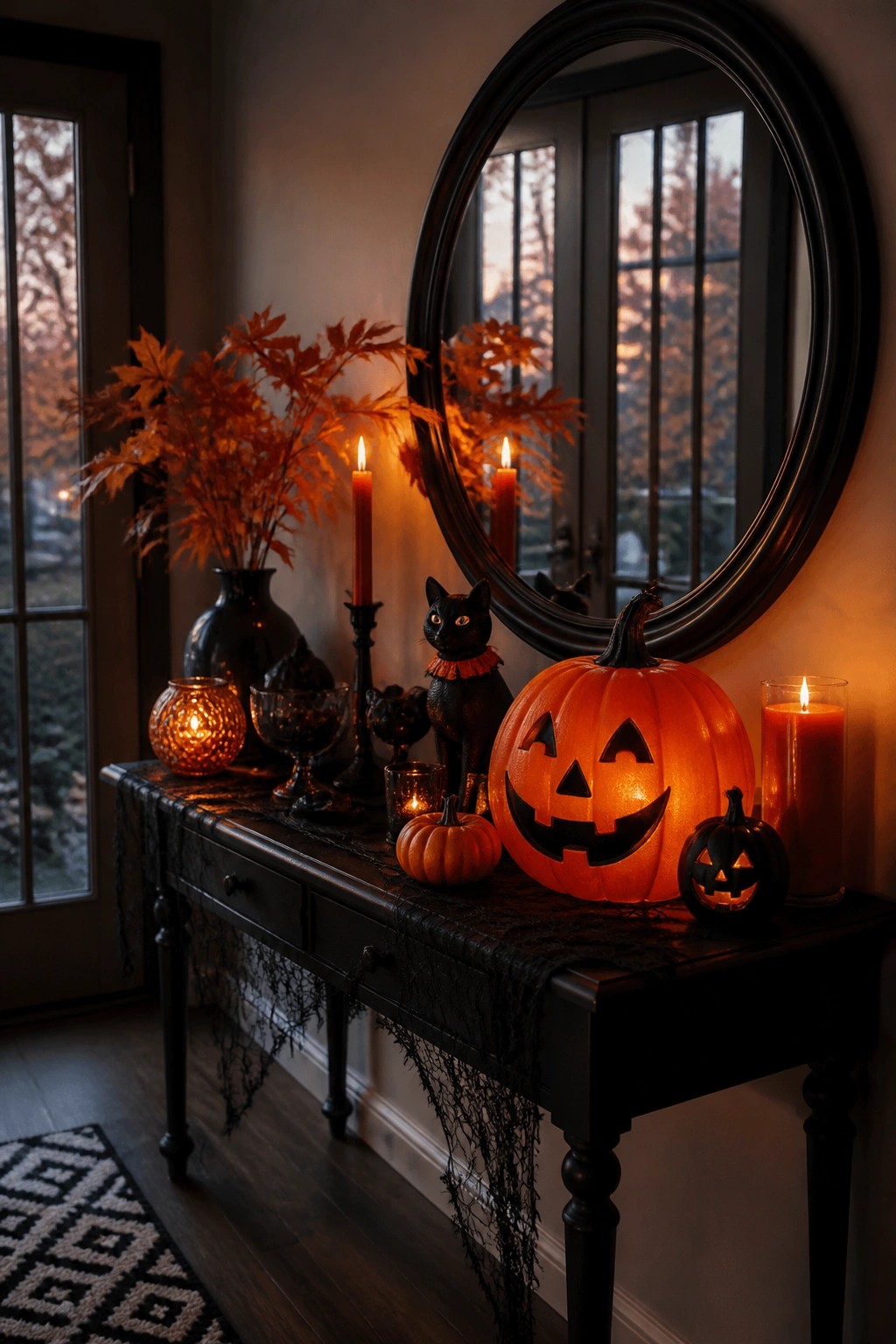 Entry console table with a large carved jack o lantern, two smaller pumpkins, a black cat figurine, and several lit candles arranged in front of a round mirror.