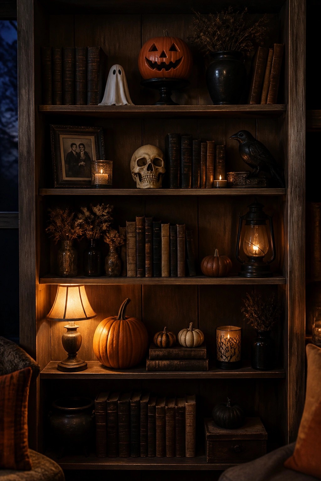 Built-in wooden bookshelves styled with old books, a white ghost figure, carved jack-o-lantern, human skull, black crow statue, and small pumpkins for a retro Halloween display.