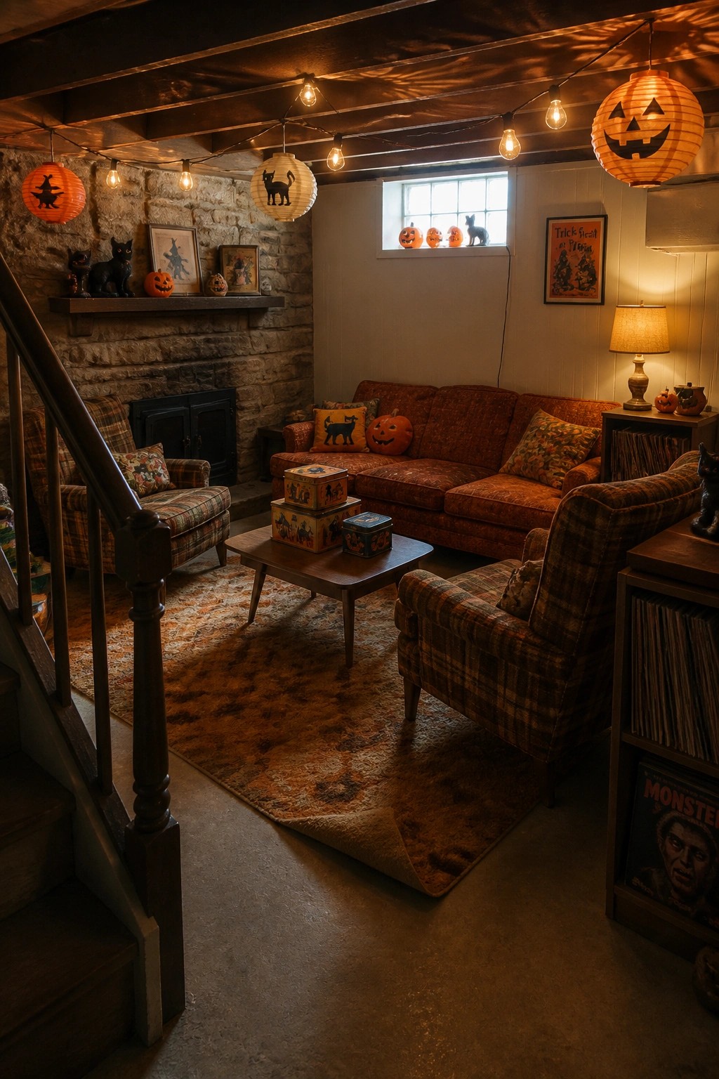 A basement living room with plaid armchairs, an orange sofa, Halloween paper lanterns, black cat figurines, and warm string lights.